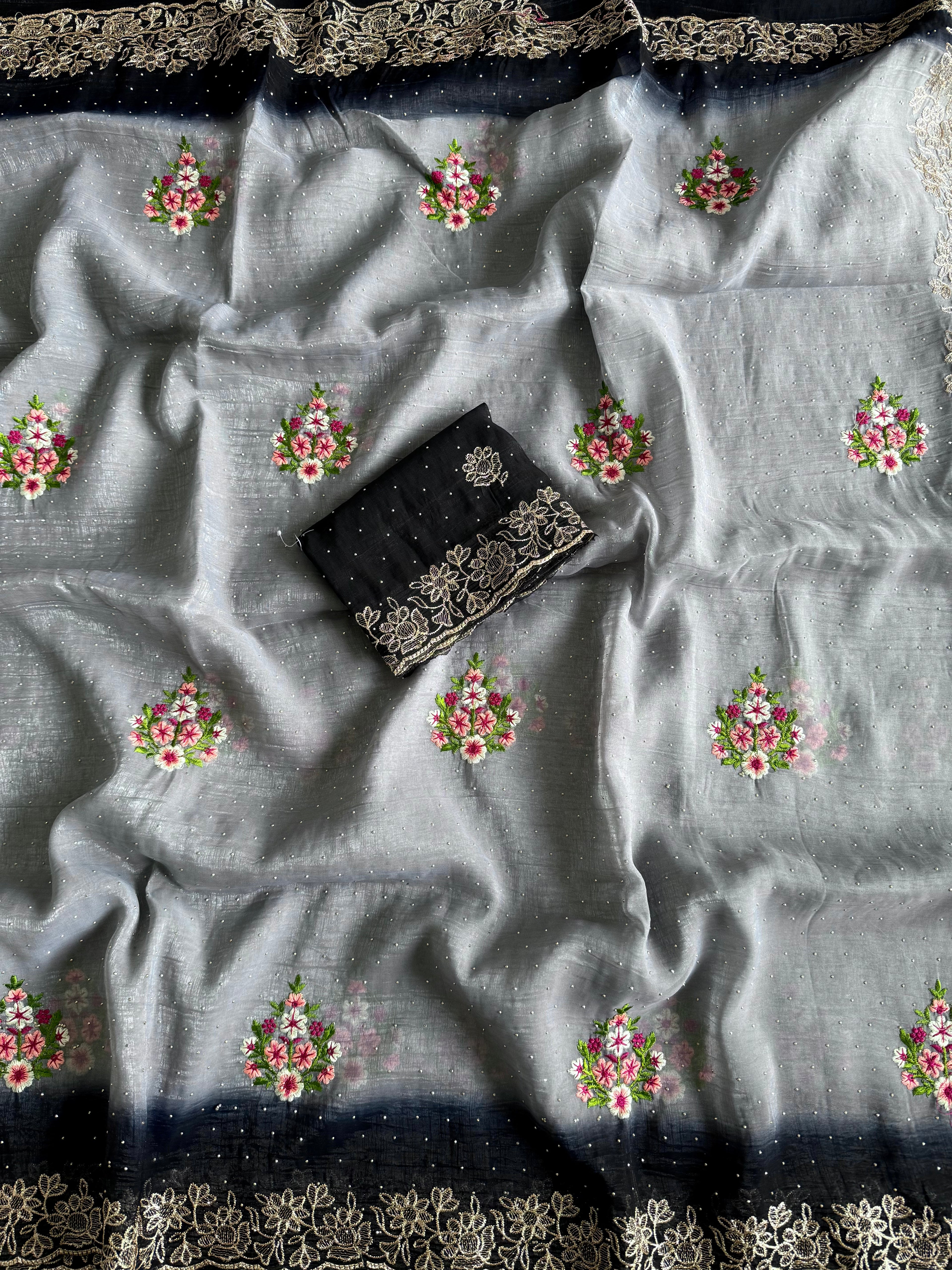 Grey Ombre Floral Silk Saree