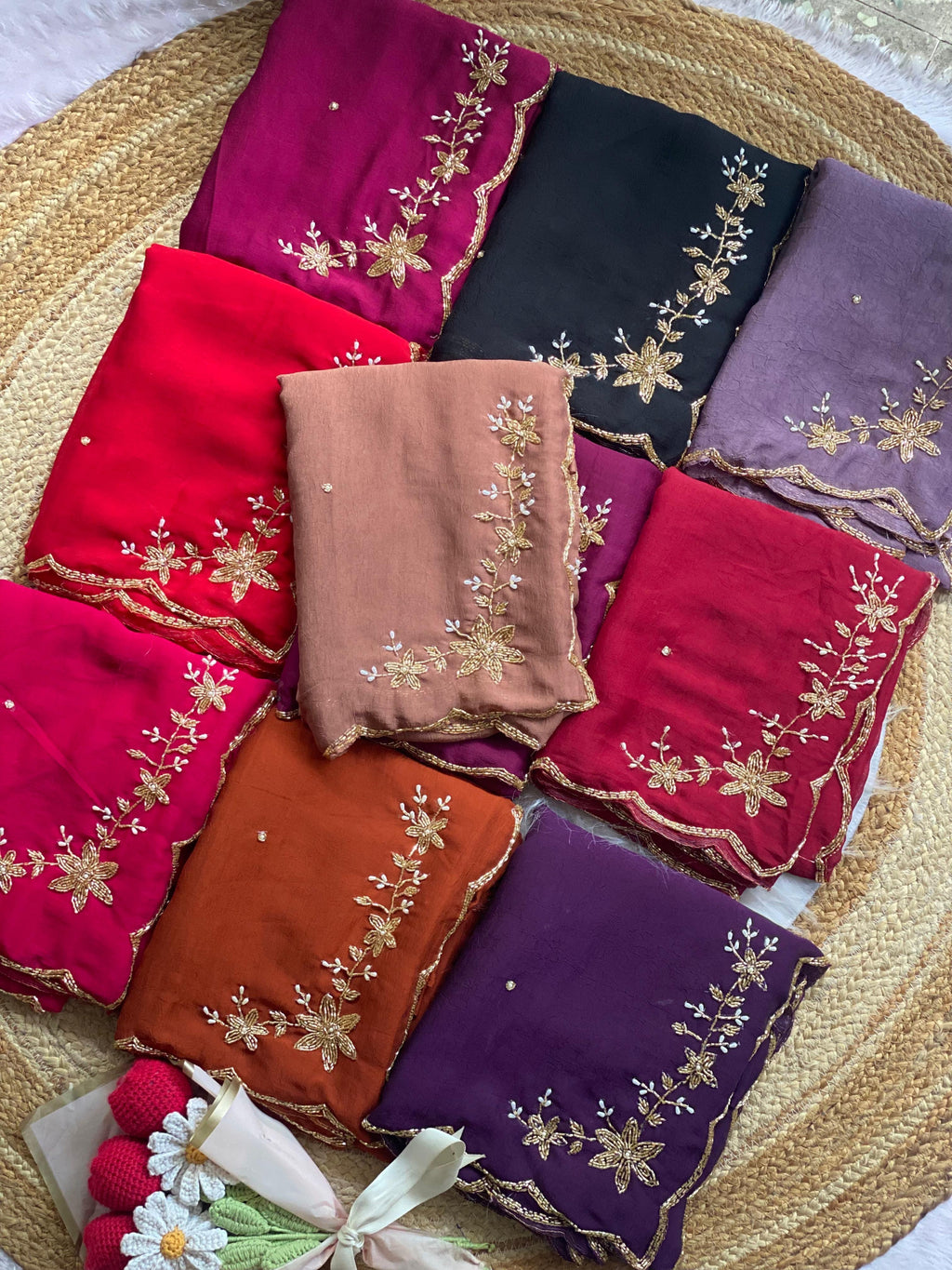 Floral Handwork Silk Saree with Gold Zari Border
