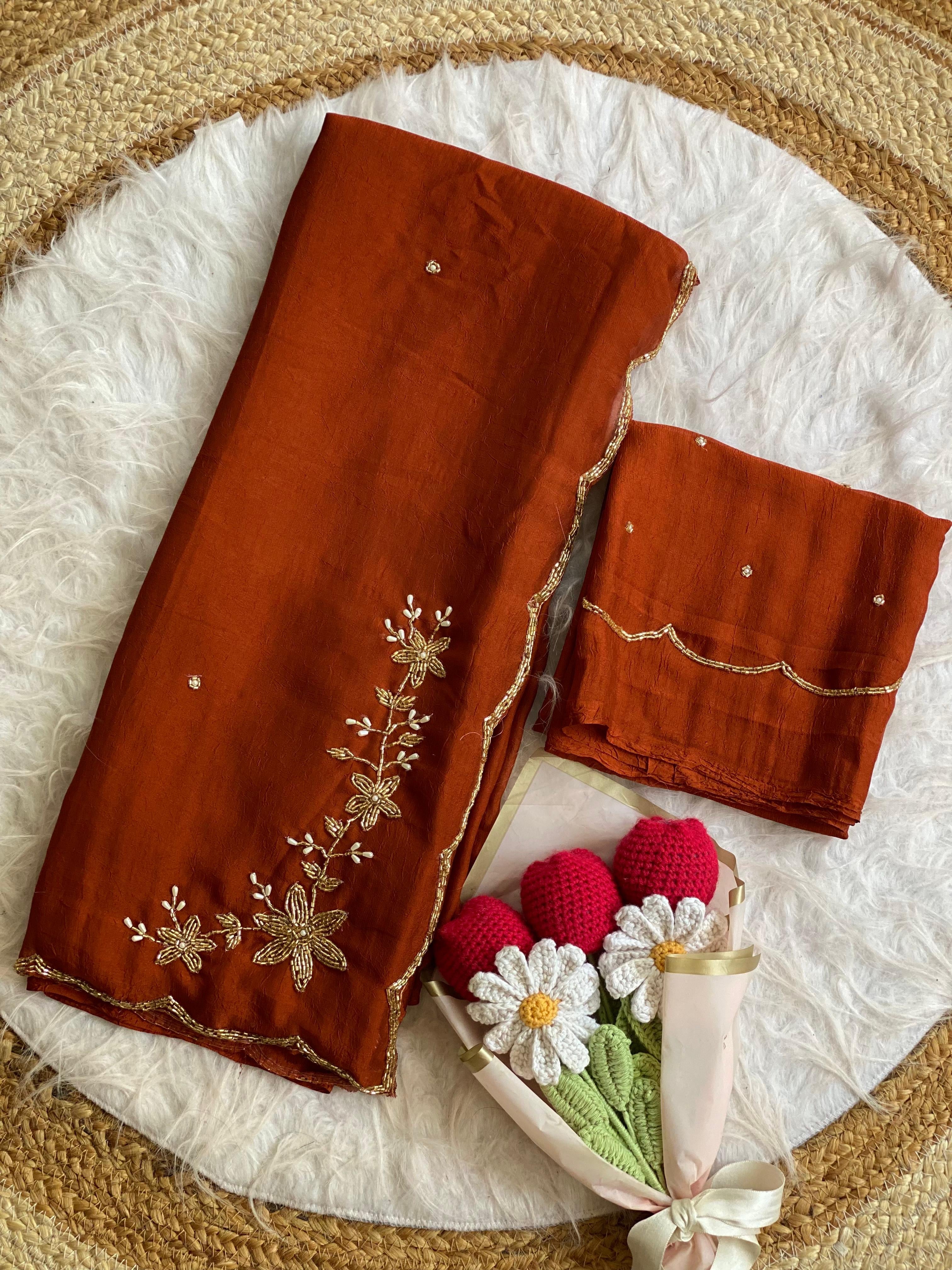 Floral Handwork Silk Saree with Gold Zari Border