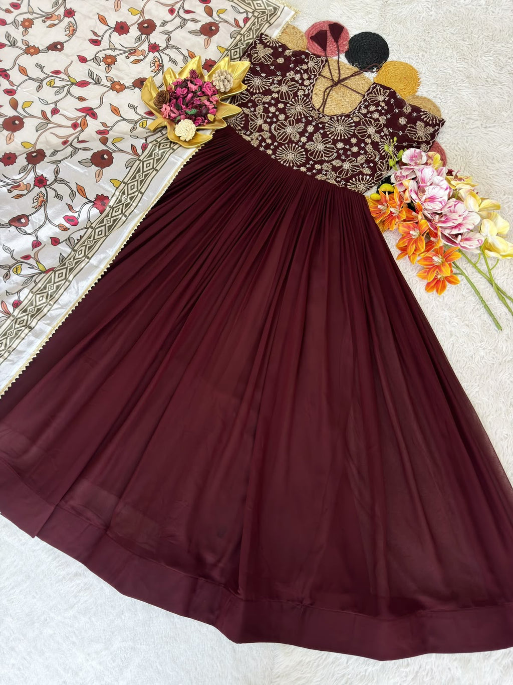 Orange Kalamkari Dupptta Gown