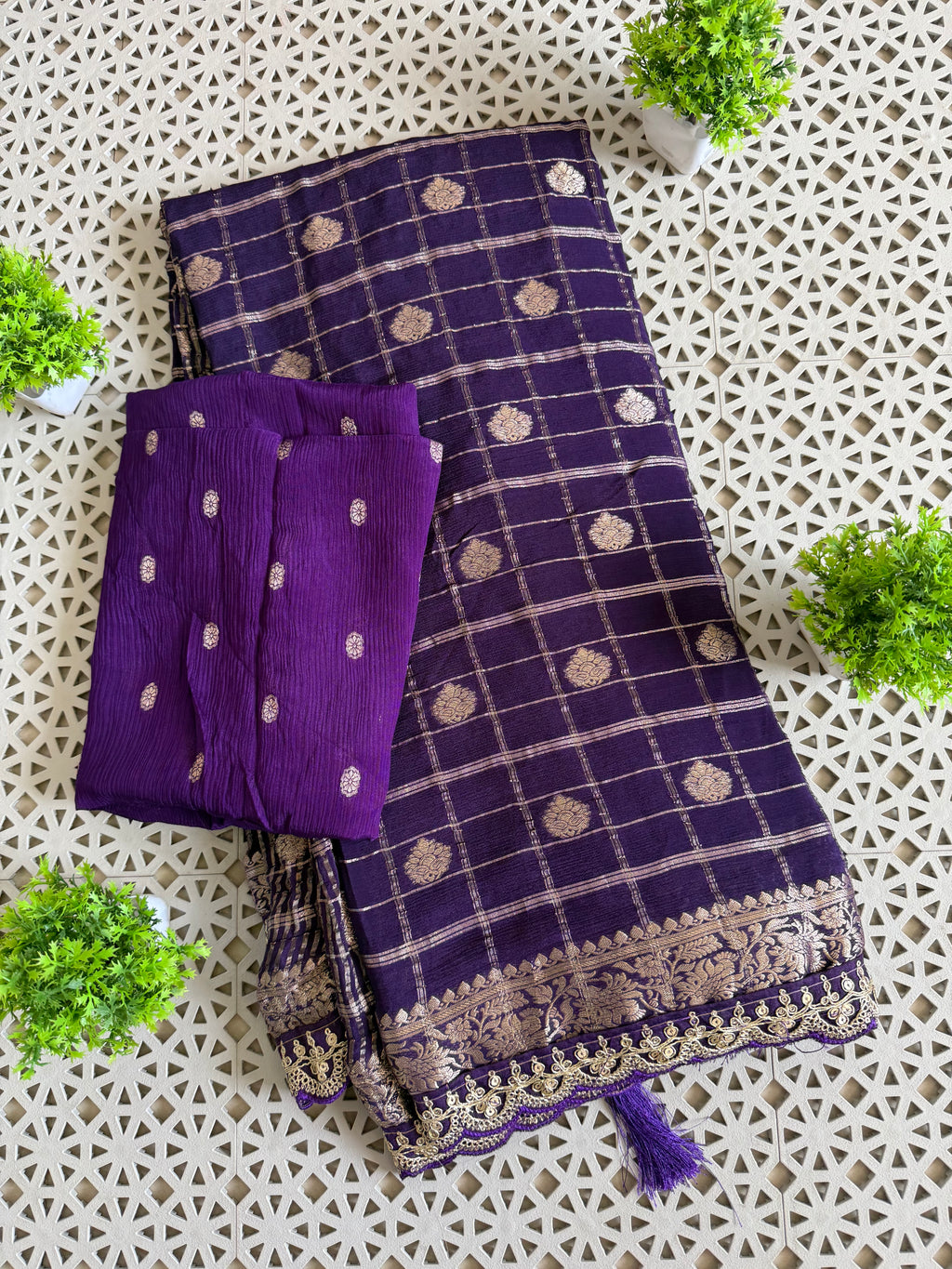 Purple Zari Check Banarasi Silk Saree with Gold Butti
