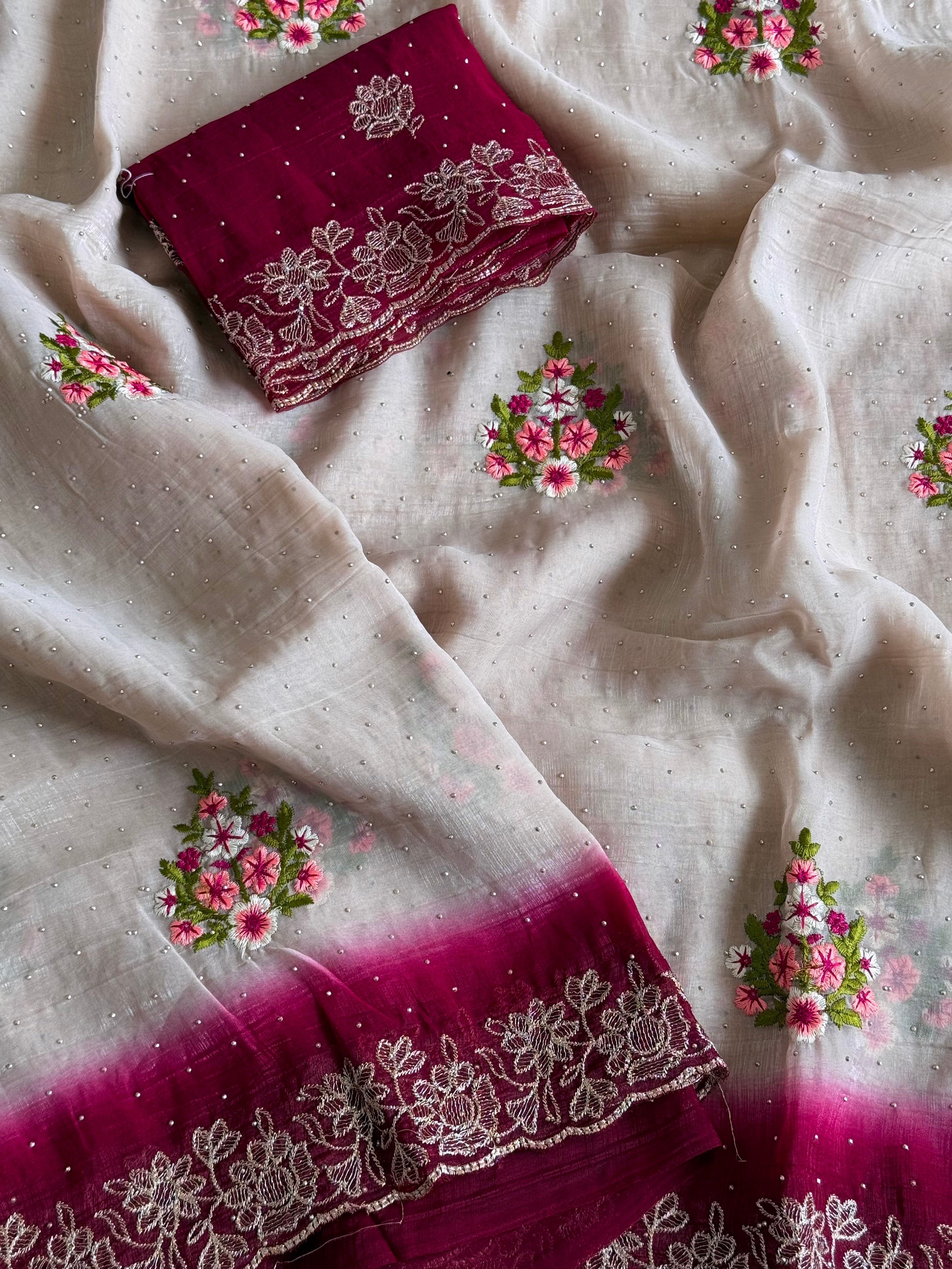 Grey Ombre Floral Silk Saree