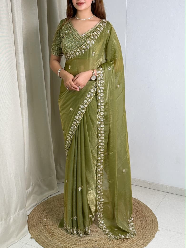 Olive Green Tissue Silk Saree