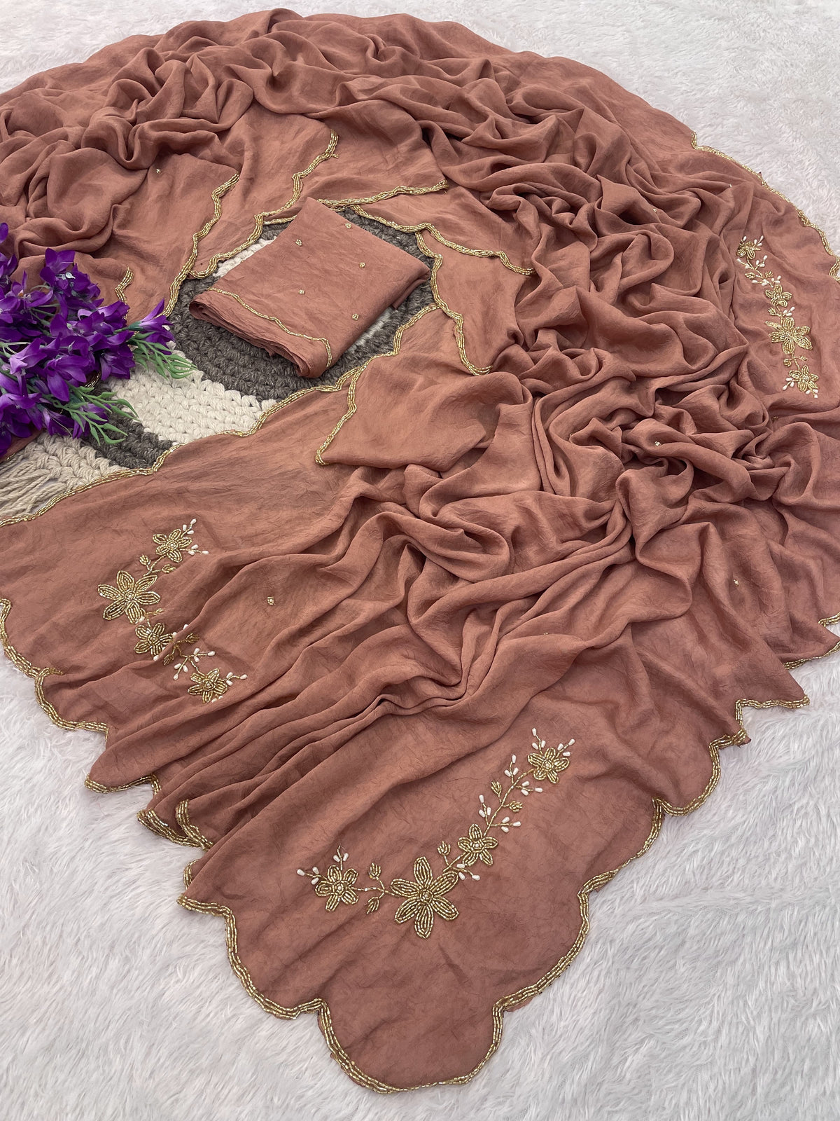 Floral Handwork Silk Saree with Gold Zari Border