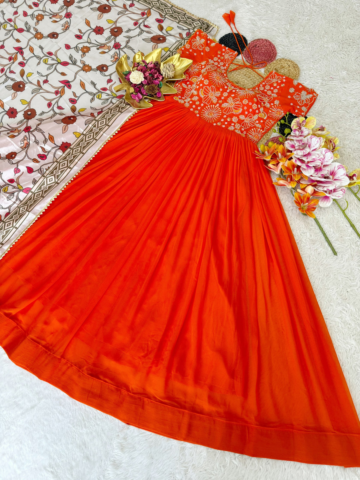 Orange Kalamkari Dupptta Gown