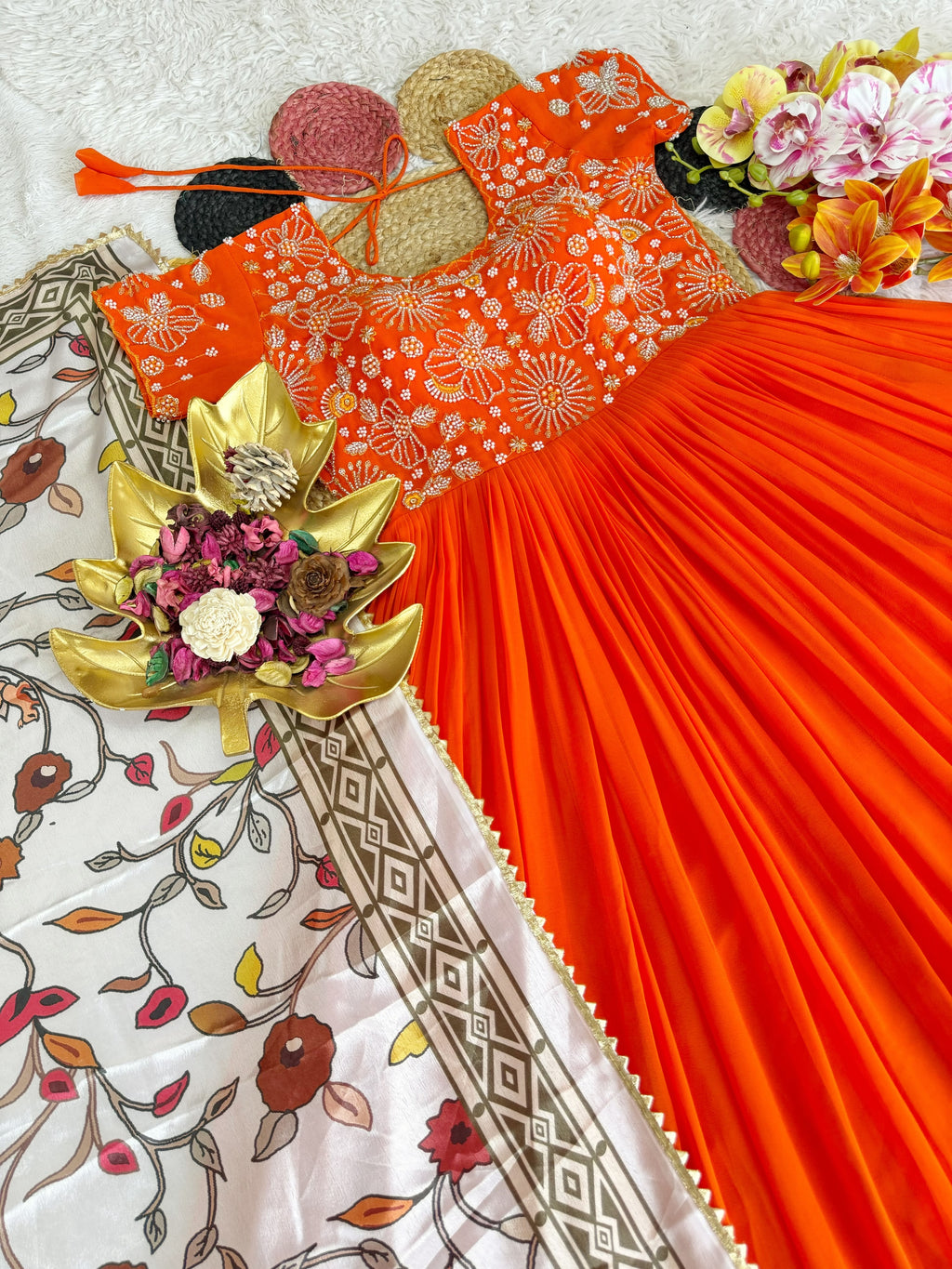 Orange Kalamkari Dupptta Gown