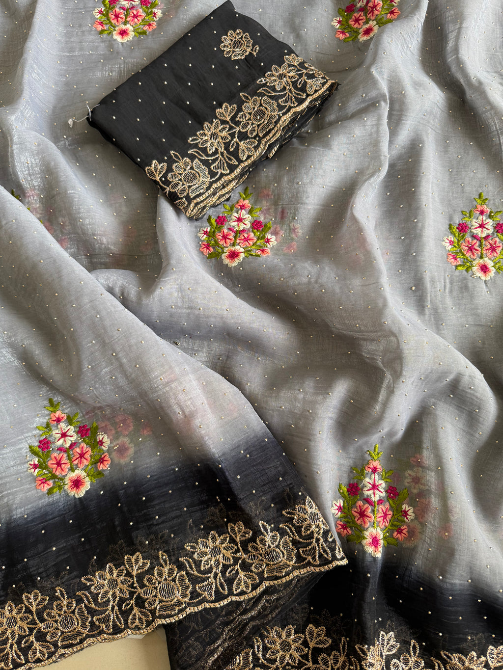 Grey Ombre Floral Silk Saree