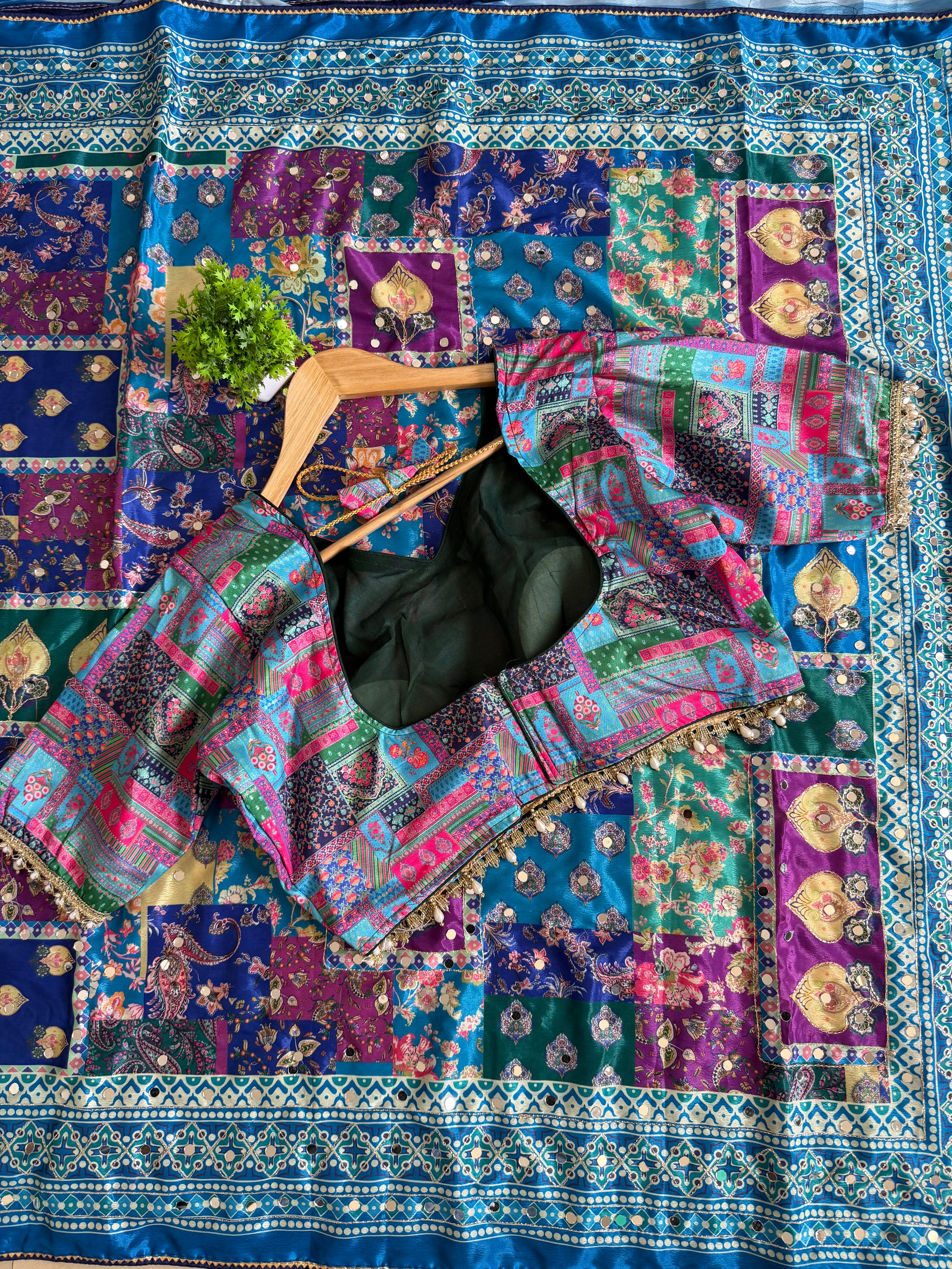 Multicolor Digital Print Silk Saree with Mirror Work