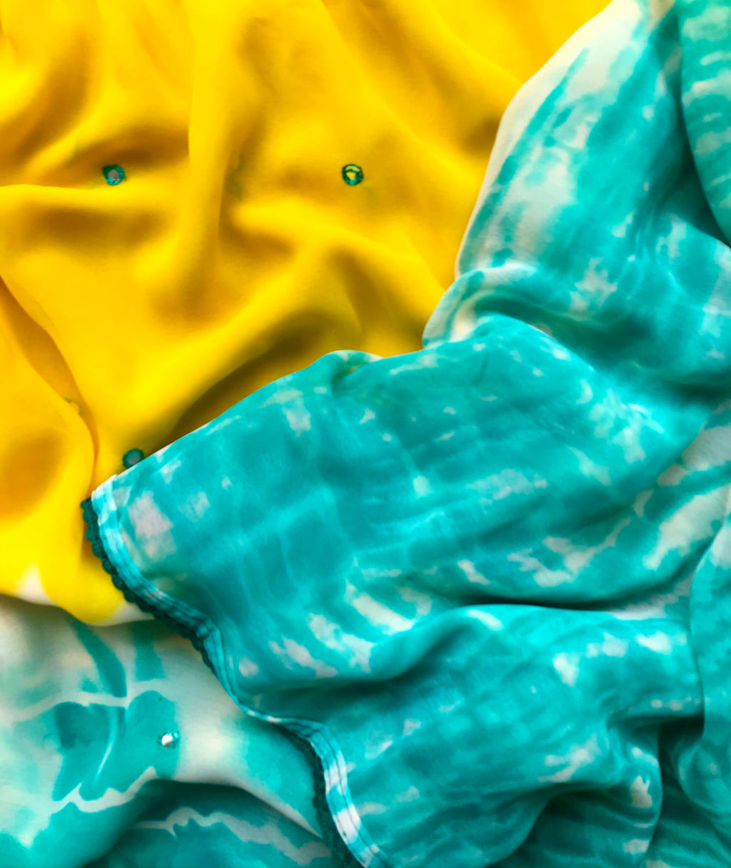 Yellow Teal Shibori Georgette Saree