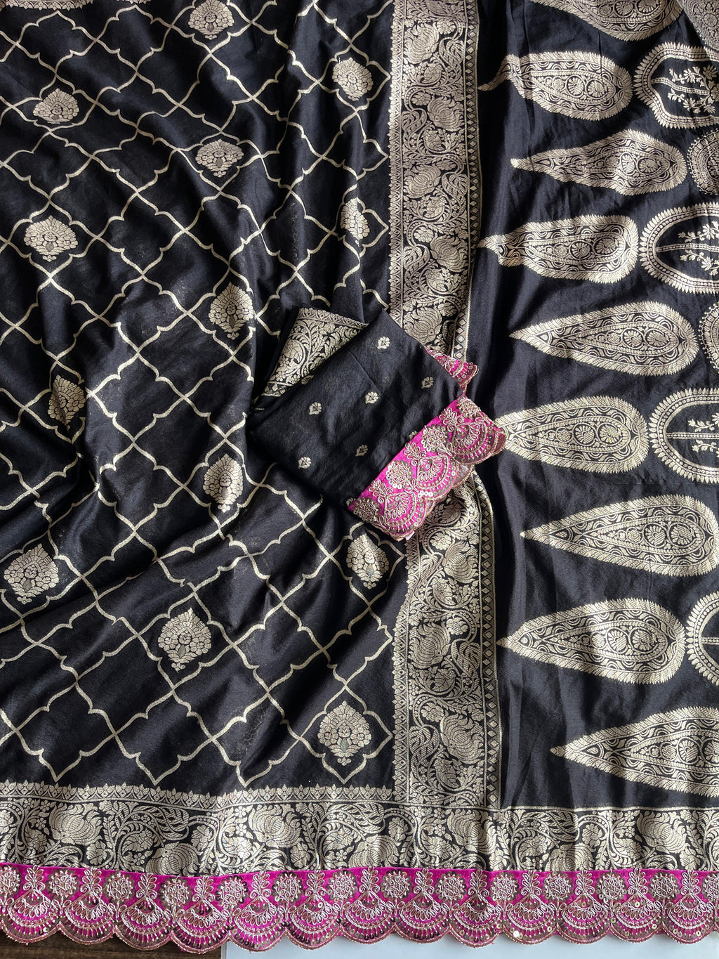 Banarasi Silk Saree with Zari Jaal & Sequin Border