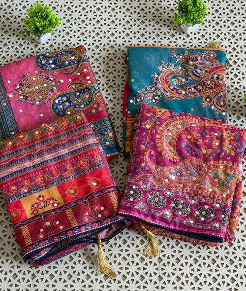 Chinnon Digital Print Silk Saree with Mirror Work