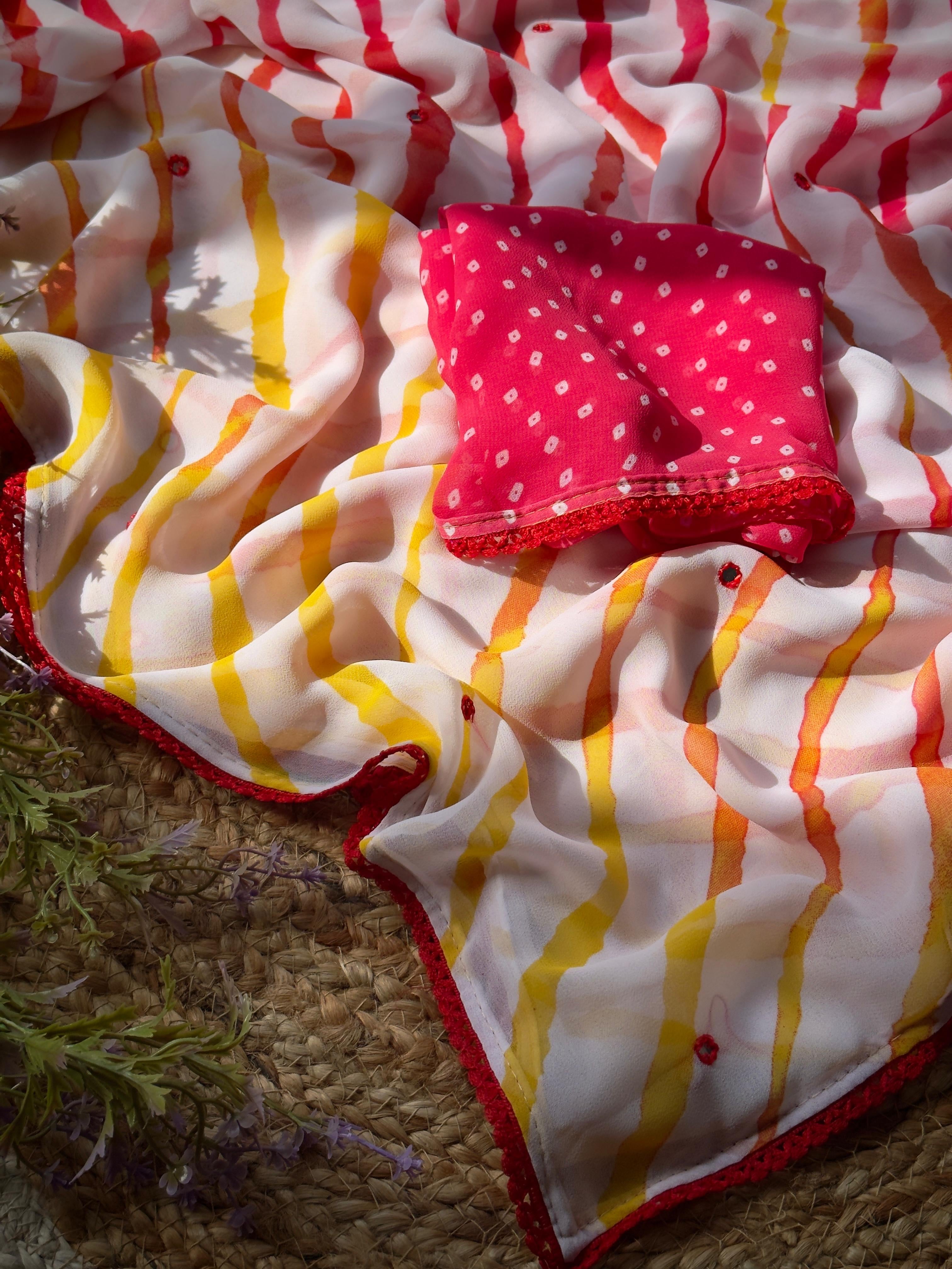 White Multicolor Stripe Georgette Saree