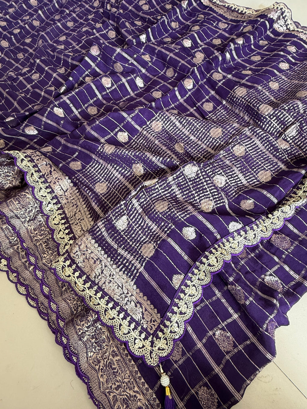 Purple Zari Check Banarasi Silk Saree with Gold Butti