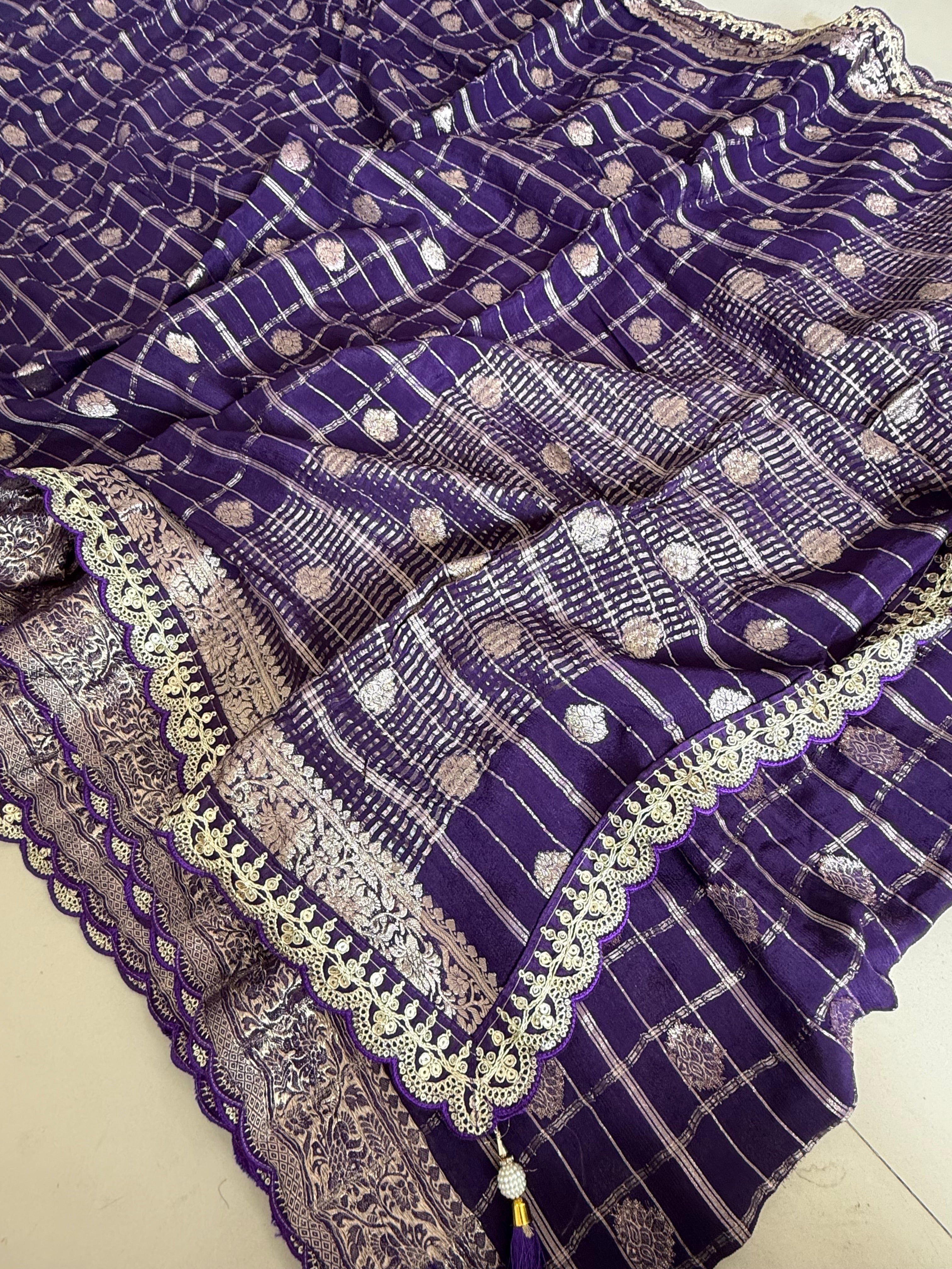 Purple Zari Check Banarasi Silk Saree with Gold Butti