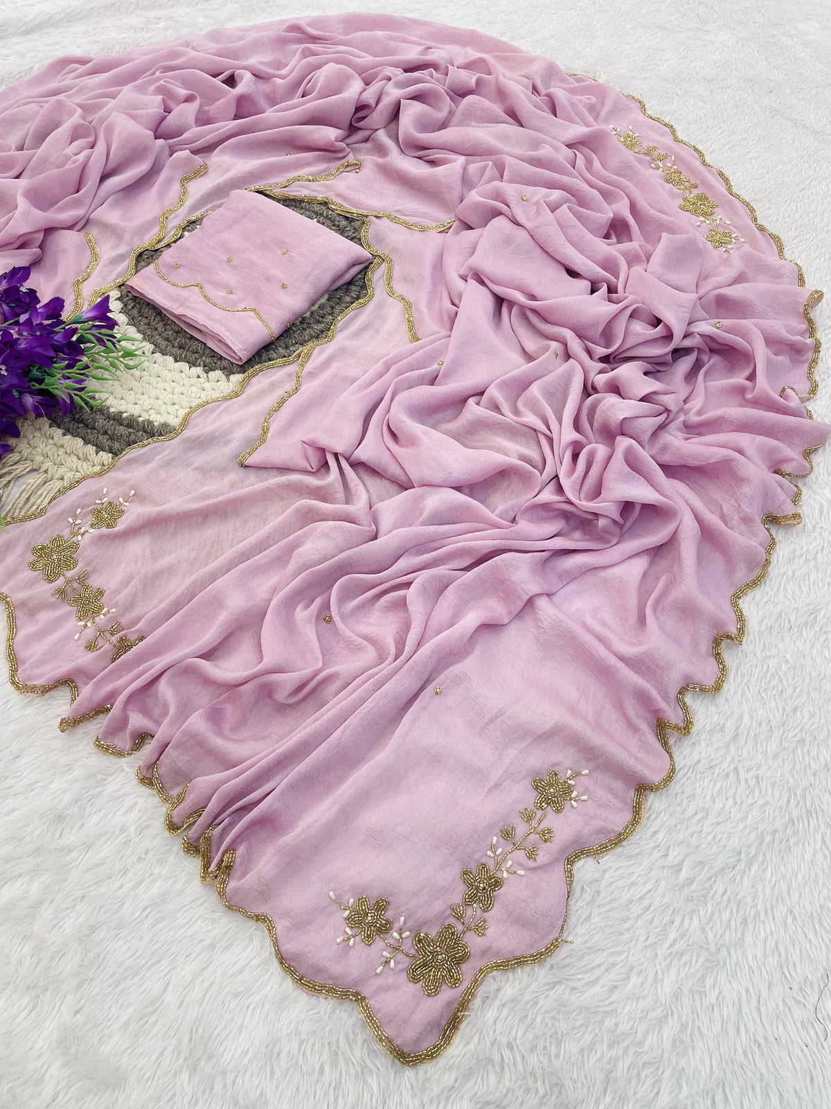 Floral Handwork Silk Saree with Gold Zari Border