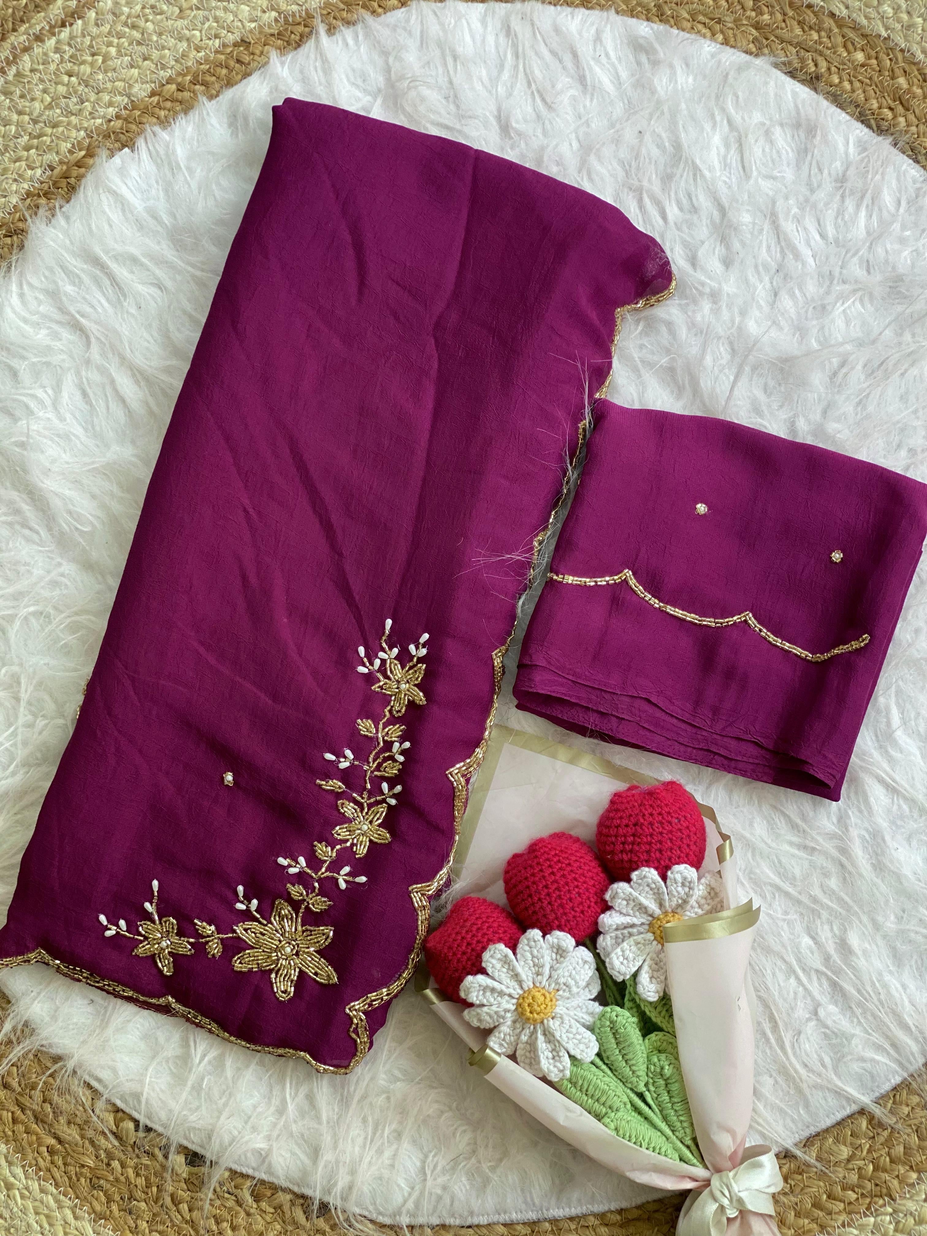 Floral Handwork Silk Saree with Gold Zari Border