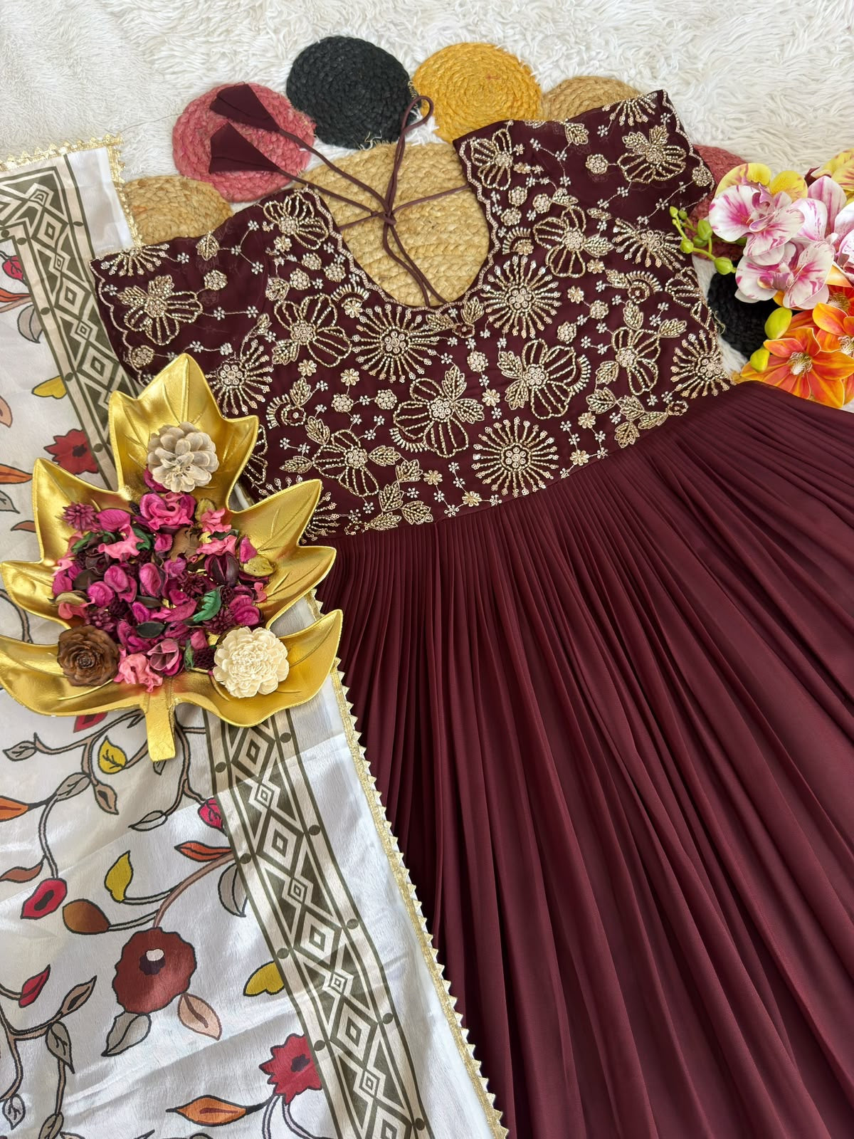 Orange Kalamkari Dupptta Gown