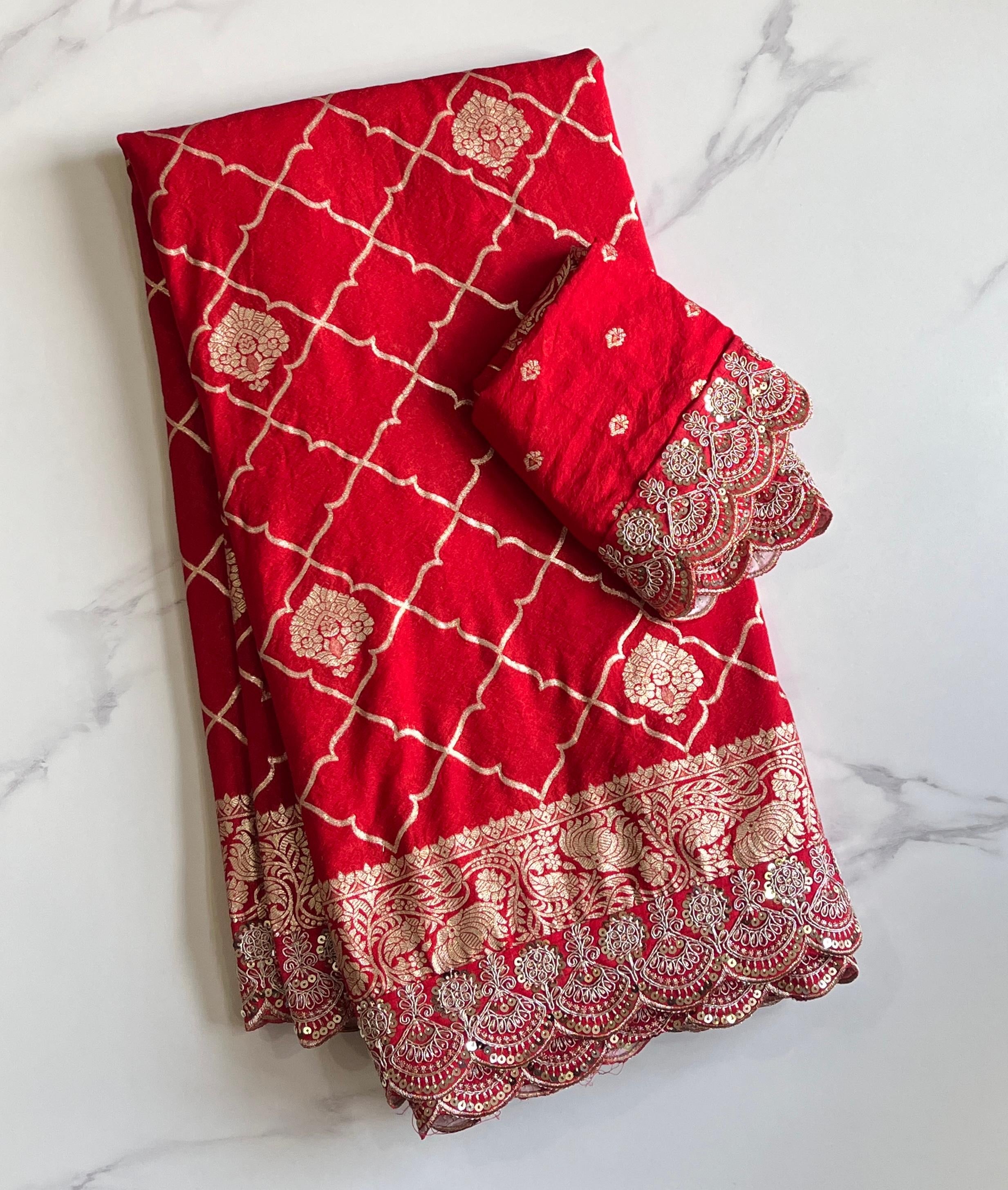 Banarasi Silk Saree with Zari Jaal & Sequin Border