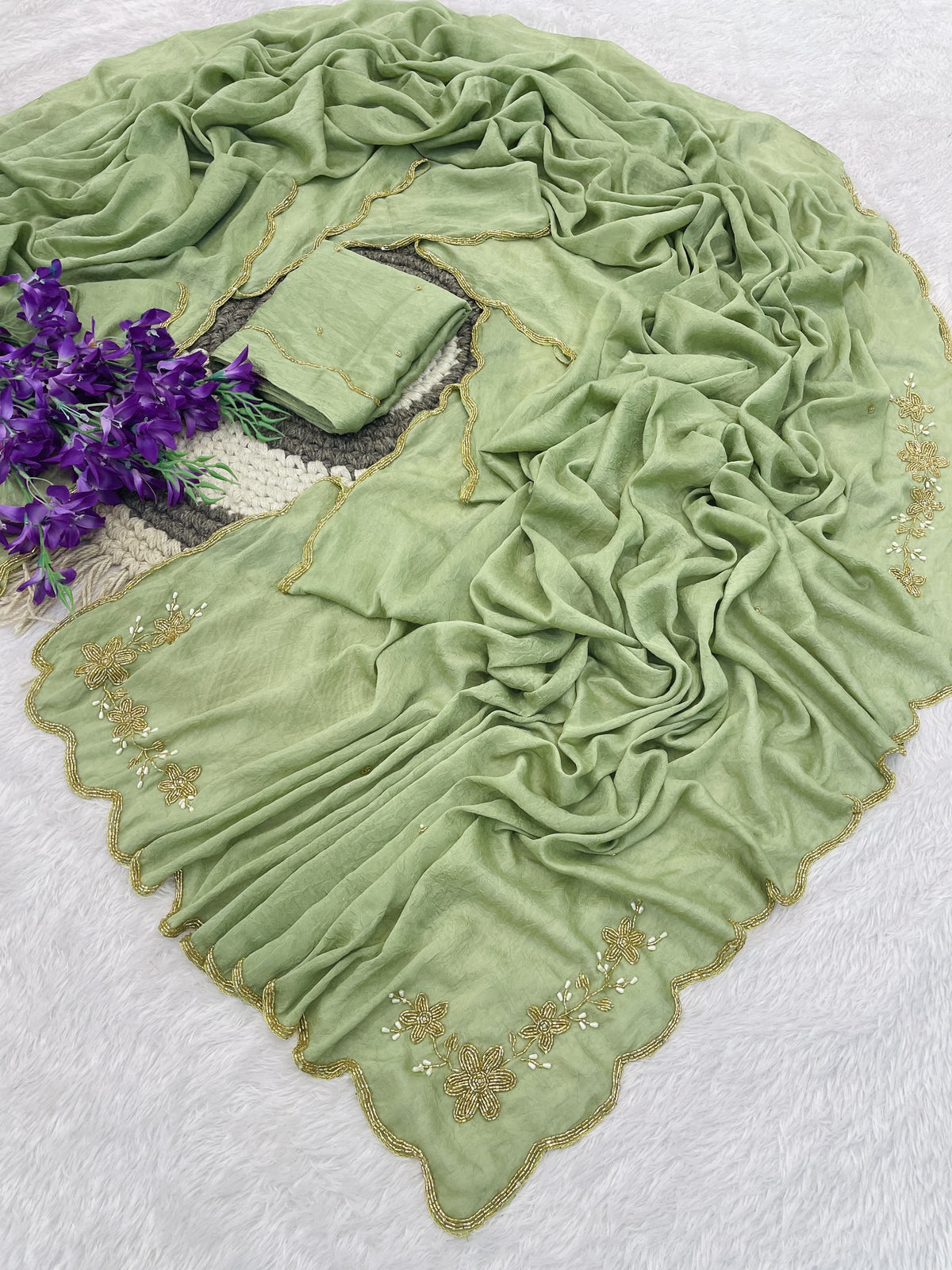 Floral Handwork Silk Saree with Gold Zari Border