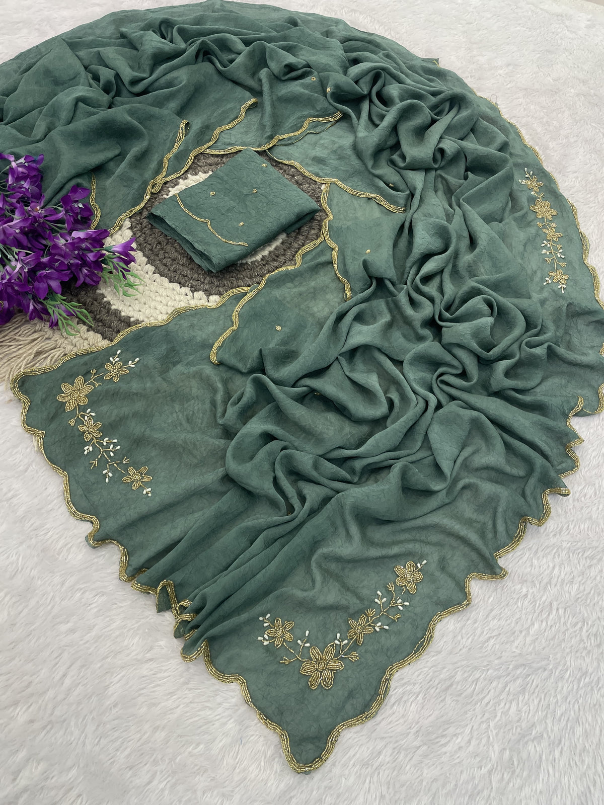 Floral Handwork Silk Saree with Gold Zari Border
