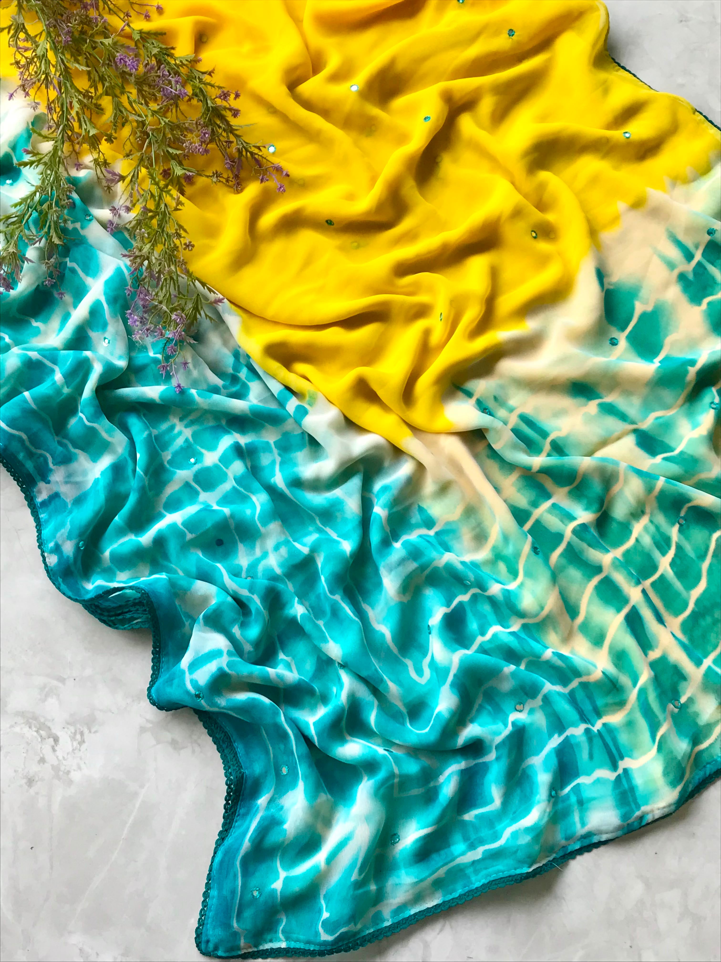 Yellow Teal Shibori Georgette Saree