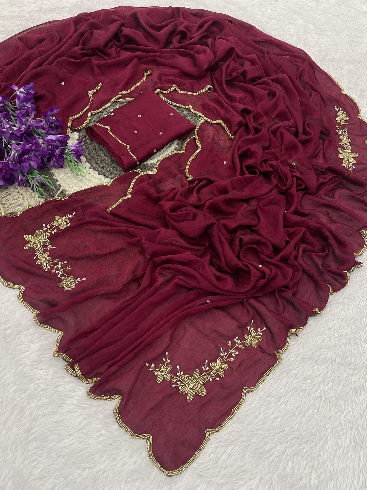 Floral Handwork Silk Saree with Gold Zari Border