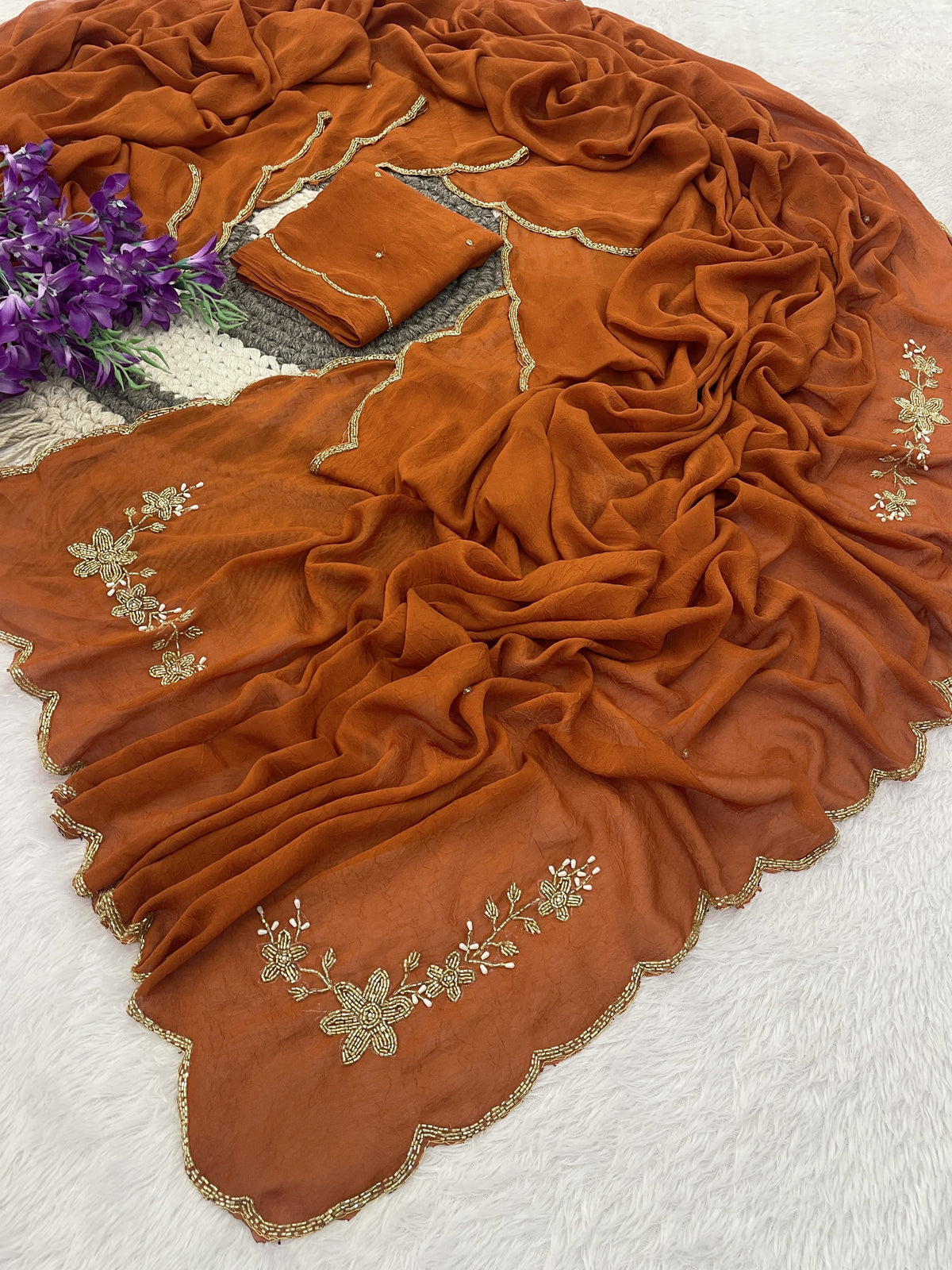 Floral Handwork Silk Saree with Gold Zari Border